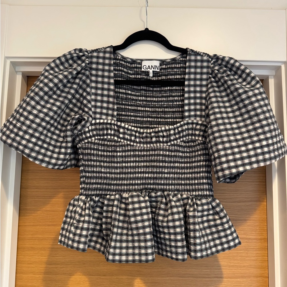 GANNI Black and White Gingham Shirred Peplum Top